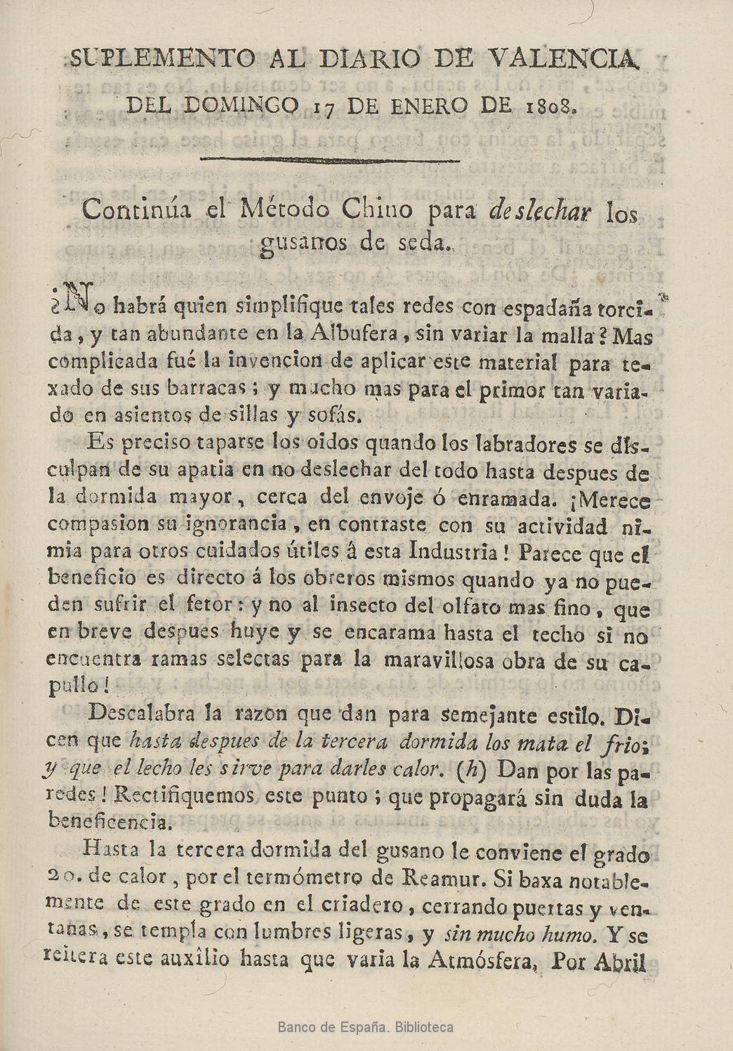 Repositorio Institucional: Suplemento al Diario de Valencia del jueves 14  [- martes 19] de enero de 1808 : Método chino para deslechar los gusanos de  seda